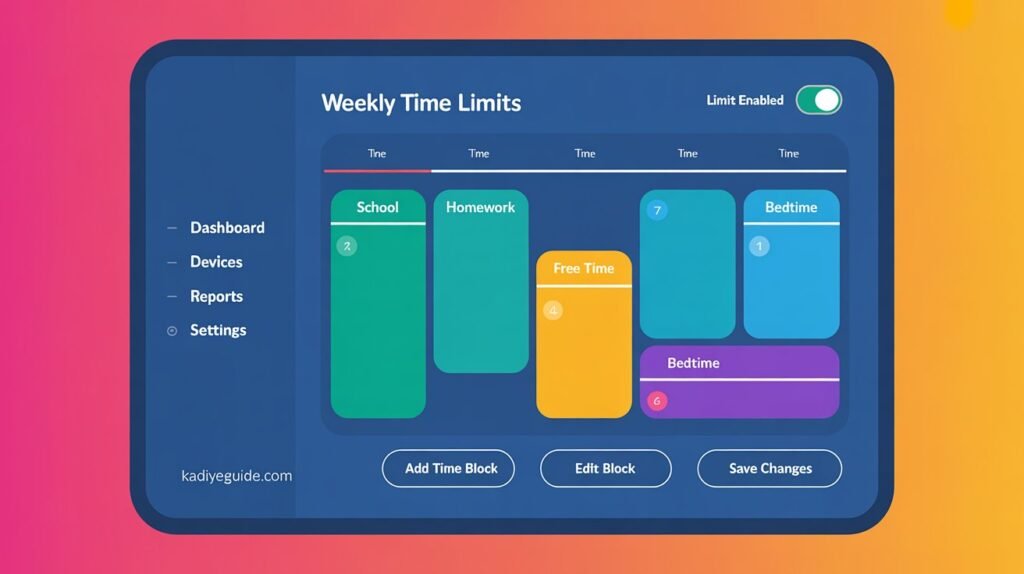 Parental control time limits setup screen with different time blocks
